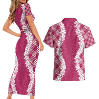 Hawaii Aloha Plumeria Lei Fuschia Palaka Couples Matching Short Sleeve Bodycon Dress and Hawaiian Shirt - Polynesian Pride
