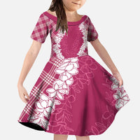 Hawaii Aloha Plumeria Lei Fuschia Palaka Family Matching Off The Shoulder Long Sleeve Dress and Hawaiian Shirt - Polynesian Pride