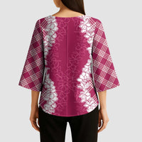 Hawaii Aloha Plumeria Lei Fuschia Palaka Kimono Sleeve Blouse LT7 - Polynesian Pride