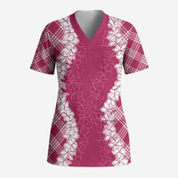 Hawaii Aloha Plumeria Lei Fuschia Palaka Scrub Top - Polynesian Pride