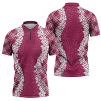 Hawaii Aloha Plumeria Lei Fuschia Palaka Zipper Polo Shirt - Polynesian Pride