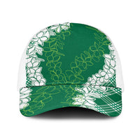 Hawaii Aloha Plumeria Lei Green Palaka Baseball Net Cap LT7 One Size White Green - Polynesian Pride