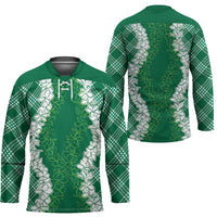 Hawaii Aloha Plumeria Lei Green Palaka Hockey Jersey LT7 - Polynesian Pride