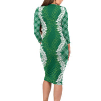 Hawaii Aloha Plumeria Lei Green Palaka Long Sleeve Bodycon Dress - Polynesian Pride