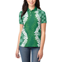 Hawaii Aloha Plumeria Lei Green Palaka Women Polo Shirt - Polynesian Pride