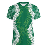 Hawaii Aloha Plumeria Lei Green Palaka Women V-Neck T-Shirt LT7 Female Green - Polynesian Pride