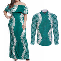 Hawaii Aloha Plumeria Lei Teal Palaka Couples Matching Off Shoulder Maxi Dress and Long Sleeve Button Shirt LT7 Teal - Polynesian Pride