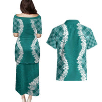 Hawaii Aloha Plumeria Lei Teal Palaka Couples Matching Puletasi and Hawaiian Shirt LT7 - Polynesian Pride