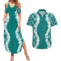 Hawaii Aloha Plumeria Lei Teal Palaka Couples Matching Summer Maxi Dress and Hawaiian Shirt - Polynesian Pride