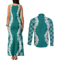 Hawaii Aloha Plumeria Lei Teal Palaka Couples Matching Tank Maxi Dress and Long Sleeve Button Shirt - Polynesian Pride
