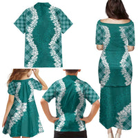 Hawaii Aloha Plumeria Lei Teal Palaka Family Matching Puletasi and Hawaiian Shirt - Polynesian Pride