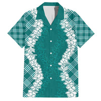 Hawaii Aloha Plumeria Lei Teal Palaka Family Matching Short Sleeve Bodycon Dress and Hawaiian Shirt - Polynesian Pride