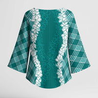 Hawaii Aloha Plumeria Lei Teal Palaka Kimono Sleeve Blouse LT7 - Polynesian Pride