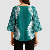 Hawaii Aloha Plumeria Lei Teal Palaka Kimono Sleeve Blouse LT7 - Polynesian Pride
