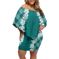 Hawaii Aloha Plumeria Lei Teal Palaka Off Shoulder Short Dress - Polynesian Pride