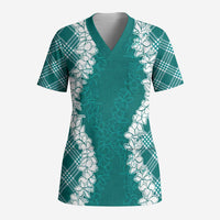 Hawaii Aloha Plumeria Lei Teal Palaka Scrub Top - Polynesian Pride