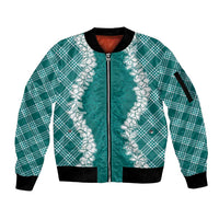 Hawaii Aloha Plumeria Lei Teal Palaka Sleeve Zip Bomber Jacket - Polynesian Pride