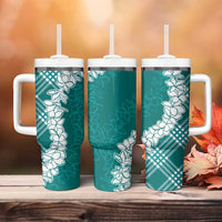 Hawaii Aloha Plumeria Lei Teal Palaka Tumbler With Handle - Polynesian Pride