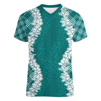 Hawaii Aloha Plumeria Lei Teal Palaka Women V-Neck T-Shirt LT7 Female Teal - Polynesian Pride