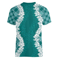 Hawaii Aloha Plumeria Lei Teal Palaka Women V-Neck T-Shirt LT7 - Polynesian Pride