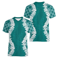 Hawaii Aloha Plumeria Lei Teal Palaka Women V-Neck T-Shirt LT7 - Polynesian Pride
