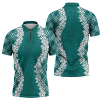 Hawaii Aloha Plumeria Lei Teal Palaka Zipper Polo Shirt LT7 - Polynesian Pride