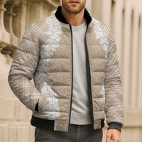 Hawaii Aloha Plumeria Lei Beige Palaka Bomber Puffer Jacket - Polynesian Pride