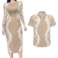 Hawaii Aloha Plumeria Lei Beige Palaka Couples Matching Long Sleeve Bodycon Dress and Hawaiian Shirt - Polynesian Pride