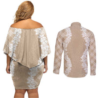 Hawaii Aloha Plumeria Lei Beige Palaka Couples Matching Off Shoulder Short Dress and Long Sleeve Button Shirt - Polynesian Pride