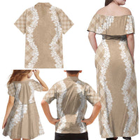 Hawaii Aloha Plumeria Lei Beige Palaka Family Matching Off Shoulder Maxi Dress and Hawaiian Shirt - Polynesian Pride