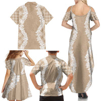 Hawaii Aloha Plumeria Lei Beige Palaka Family Matching Summer Maxi Dress and Hawaiian Shirt - Polynesian Pride