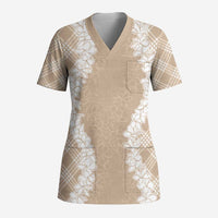 Hawaii Aloha Plumeria Lei Beige Palaka Scrub Top - Polynesian Pride