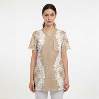 Hawaii Aloha Plumeria Lei Beige Palaka Scrub Top - Polynesian Pride