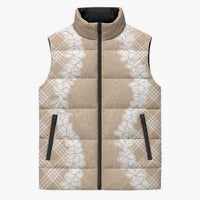 Hawaii Aloha Plumeria Lei Beige Palaka Sleeveless Puffer Jacket - Polynesian Pride