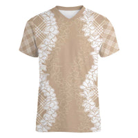 Hawaii Aloha Plumeria Lei Beige Palaka Women V-Neck T-Shirt LT7 Female Beige - Polynesian Pride