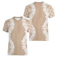 Hawaii Aloha Plumeria Lei Beige Palaka Women V-Neck T-Shirt LT7 - Polynesian Pride