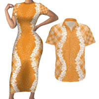 Hawaii Aloha Plumeria Lei Orange Palaka Couples Matching Short Sleeve Bodycon Dress and Hawaiian Shirt - Polynesian Pride