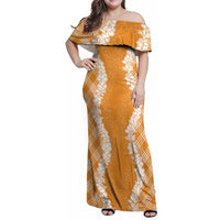 Hawaii Aloha Plumeria Lei Orange Palaka Family Matching Off Shoulder Maxi Dress and Hawaiian Shirt - Polynesian Pride