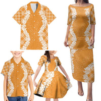 Hawaii Aloha Plumeria Lei Orange Palaka Family Matching Puletasi and Hawaiian Shirt - Polynesian Pride