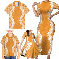 Hawaii Aloha Plumeria Lei Orange Palaka Family Matching Short Sleeve Bodycon Dress and Hawaiian Shirt - Polynesian Pride