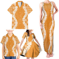 Hawaii Aloha Plumeria Lei Orange Palaka Family Matching Tank Maxi Dress and Hawaiian Shirt - Polynesian Pride