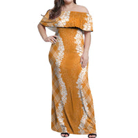 Hawaii Aloha Plumeria Lei Orange Palaka Off Shoulder Maxi Dress - Polynesian Pride
