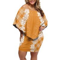 Hawaii Aloha Plumeria Lei Orange Palaka Off Shoulder Short Dress - Polynesian Pride