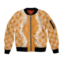 Hawaii Aloha Plumeria Lei Orange Palaka Sleeve Zip Bomber Jacket - Polynesian Pride