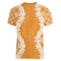 Hawaii Aloha Plumeria Lei Orange Palaka Women V-Neck T-Shirt - Polynesian Pride