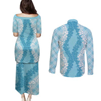 Hawaii Aloha Plumeria Lei Turquoise Palaka Couples Matching Puletasi and Long Sleeve Button Shirt - Polynesian Pride