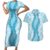 Hawaii Aloha Plumeria Lei Turquoise Palaka Couples Matching Short Sleeve Bodycon Dress and Hawaiian Shirt - Polynesian Pride