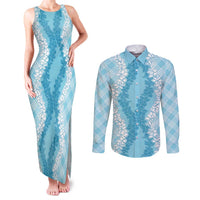 Hawaii Aloha Plumeria Lei Turquoise Palaka Couples Matching Tank Maxi Dress and Long Sleeve Button Shirt - Polynesian Pride