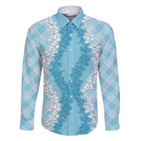 Hawaii Aloha Plumeria Lei Turquoise Palaka Family Matching Long Sleeve Bodycon Dress and Hawaiian Shirt - Polynesian Pride