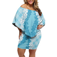 Hawaii Aloha Plumeria Lei Turquoise Palaka Family Matching Off Shoulder Short Dress and Hawaiian Shirt - Polynesian Pride